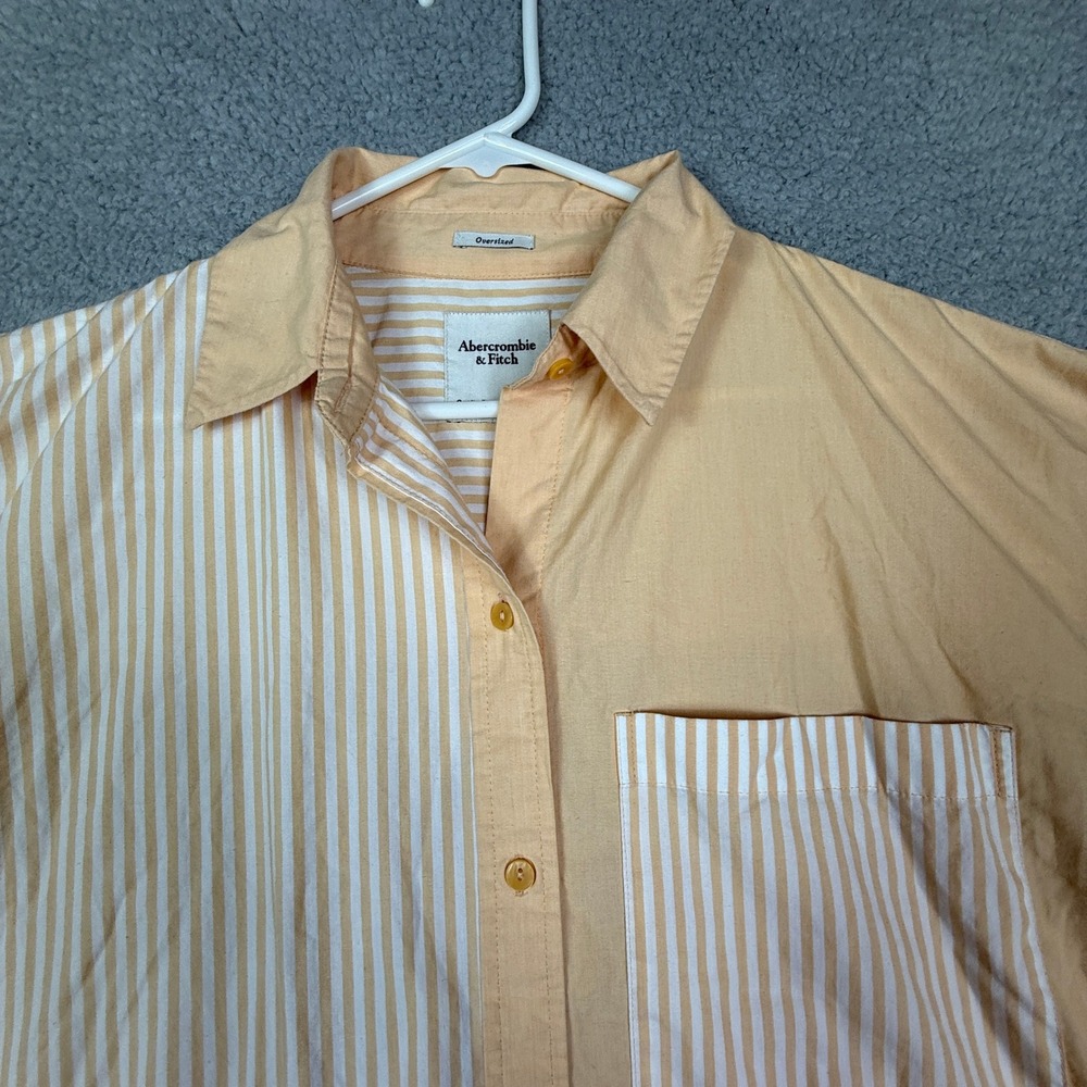 Abercrombie Fitch Men Oversized Short Sleeve Button Up Shirt Peach Stripe Size M - Picture 2 of 8